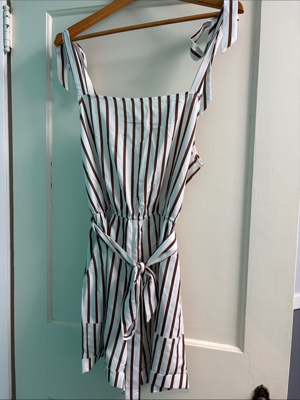 Striped Tie-Shoulder Cotton Blend Romper in White and Brown
